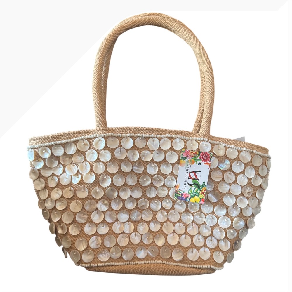 Gold Cream Coastal Shell Beaded Tote Bag Double Handles NWT